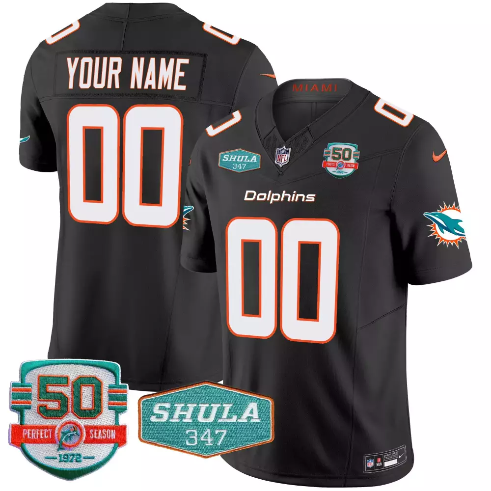Miami Dolphins Black Youth Shula 347 Patch Vapor Custom Jersey | All Stitched | Fan Gear | For Men, Women & Youth