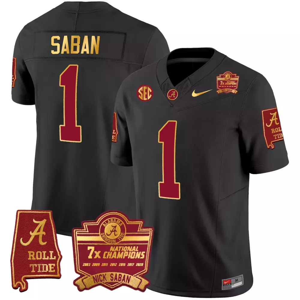 black youth nick saban alabama crimson tide 7 champions gold trim vapor jersey all stitched