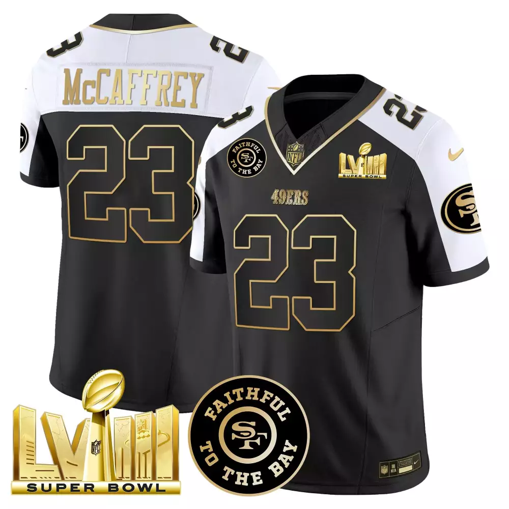 Christian McCaffrey San Francisco 49ers Black & White Vapor Jersey | Super Bowl LVIII Gold Patch | Men’s Fan Gear | For Men, Women & You