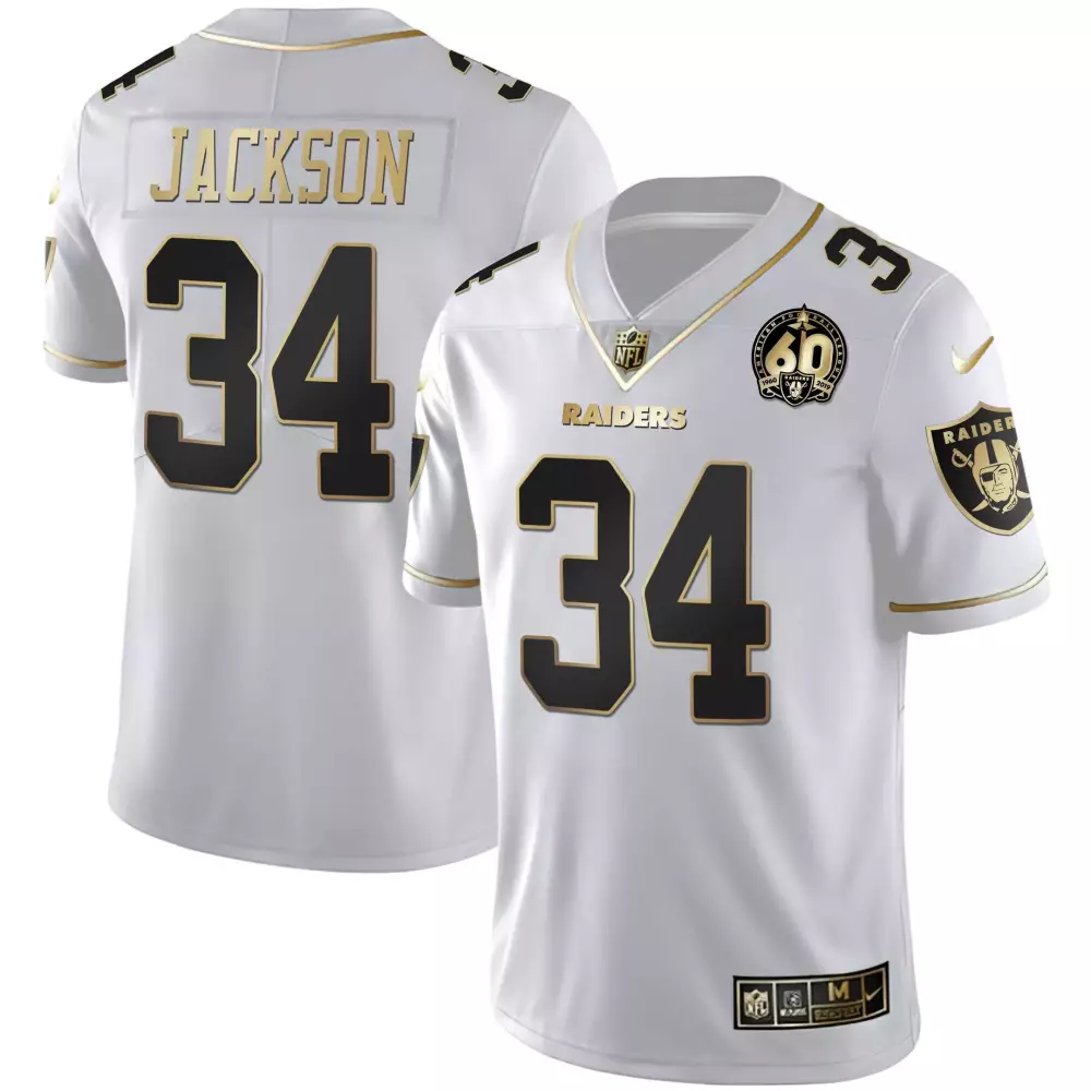 Bo Jackson Las Vegas Raiders White & Gold Men's Jersey | 60th Season Patch | All Stitched Fan Gear for Men, Women & Youth