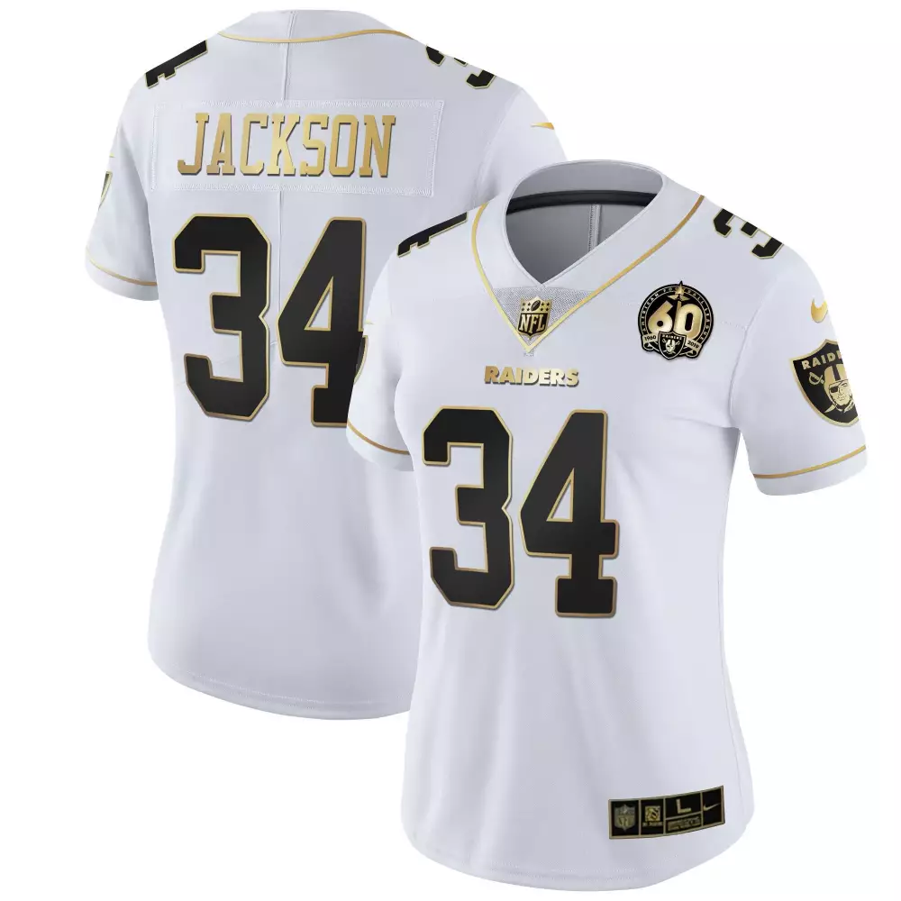 Bo Jackson Las Vegas Raiders White & Gold Men's Jersey | 60th Season Patch | All Stitched Fan Gear for Men, Women & Youth