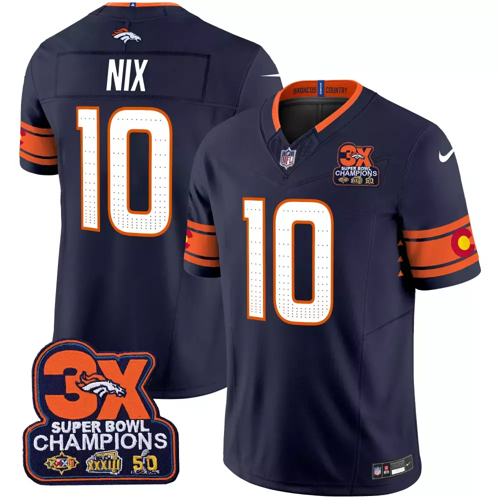 Bo Nix Denver Broncos Men's Navy Jersey | 3X Patch Colorado Flag | Vapor Limited Edition | For Men, Women & Youth