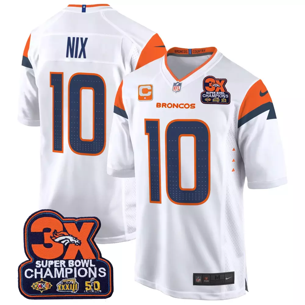Bo Nix Denver Broncos White Men's 3-Time Champions Patch Game Jersey | All Stitched | Fan Gear for Game Day
