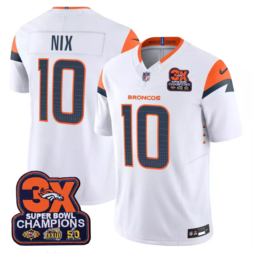 Bo Nix Denver Broncos White Men's 3-Time Champions Patch Game Jersey | All Stitched | Fan Gear for Game Day