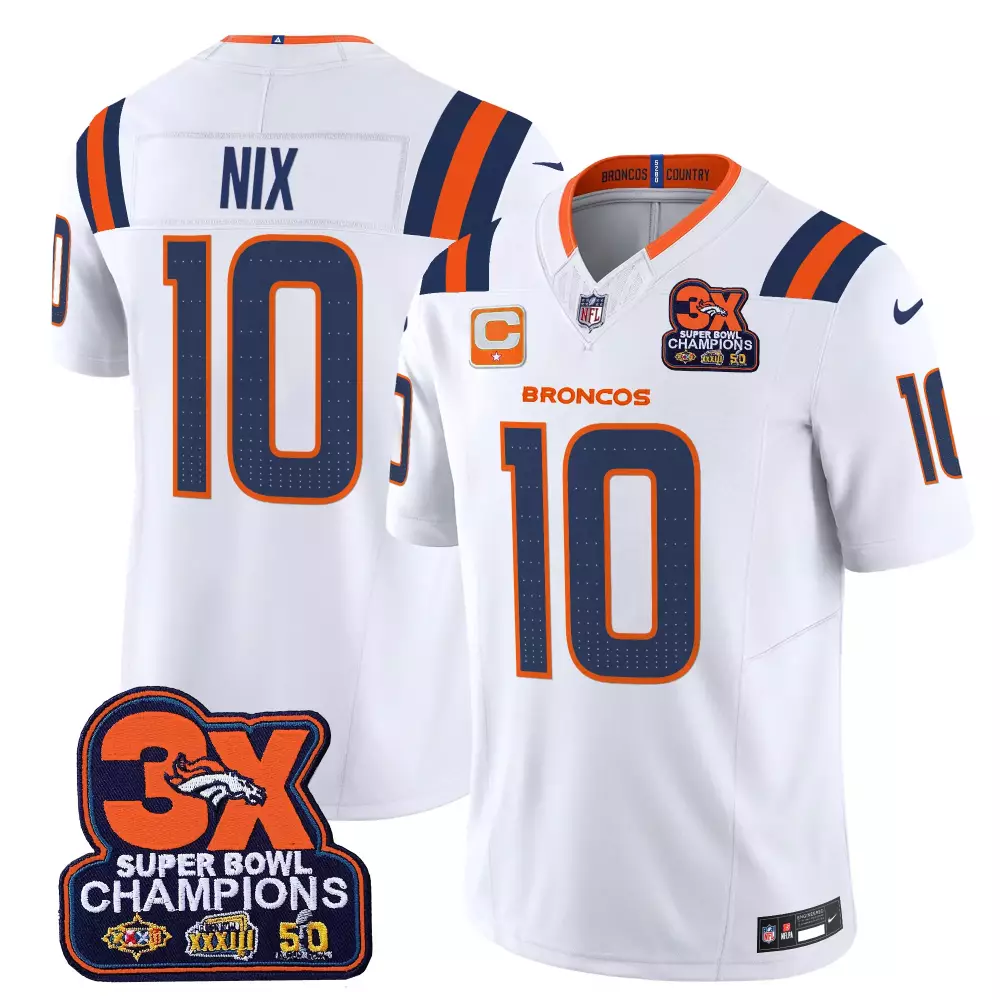 Bo Nix Denver Broncos White Men's 3-Time Champions Patch Game Jersey | All Stitched | Fan Gear for Game Day