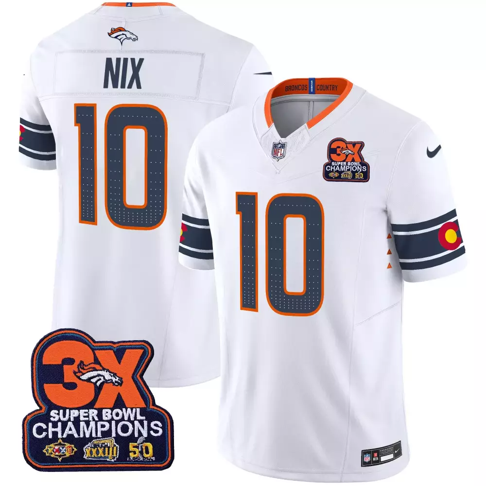Bo Nix Denver Broncos White Men's 3-Time Champions Patch Game Jersey | All Stitched | Fan Gear for Game Day