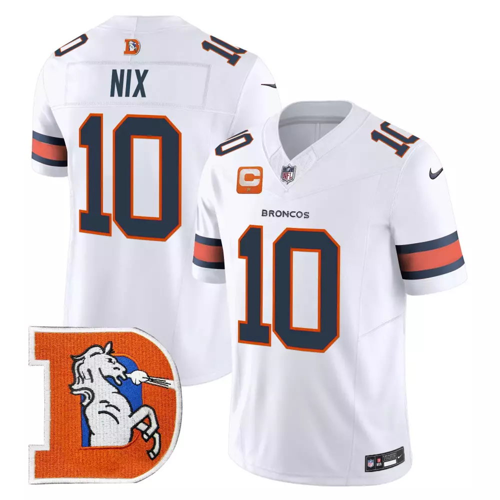 Bo Nix Denver Broncos White Men's 3-Time Champions Patch Game Jersey | All Stitched | Fan Gear for Game Day