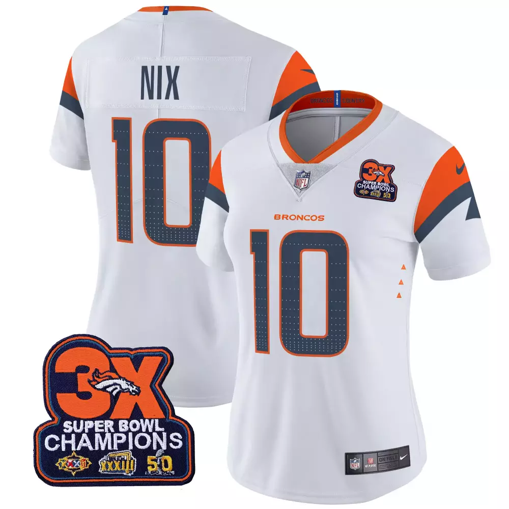 Bo Nix Denver Broncos White Women's 3-Time Champions Patch Vapor Limited Jersey | All Stitched | Gift Idea for Fans