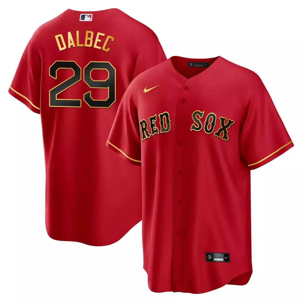 bobby dalbec cool red mens boston red sox gold trim jersey all stitched