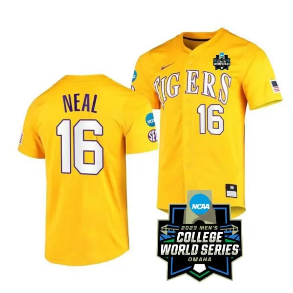 brady neal yellow mens lsu tigers college baseball world series jersey all stitched