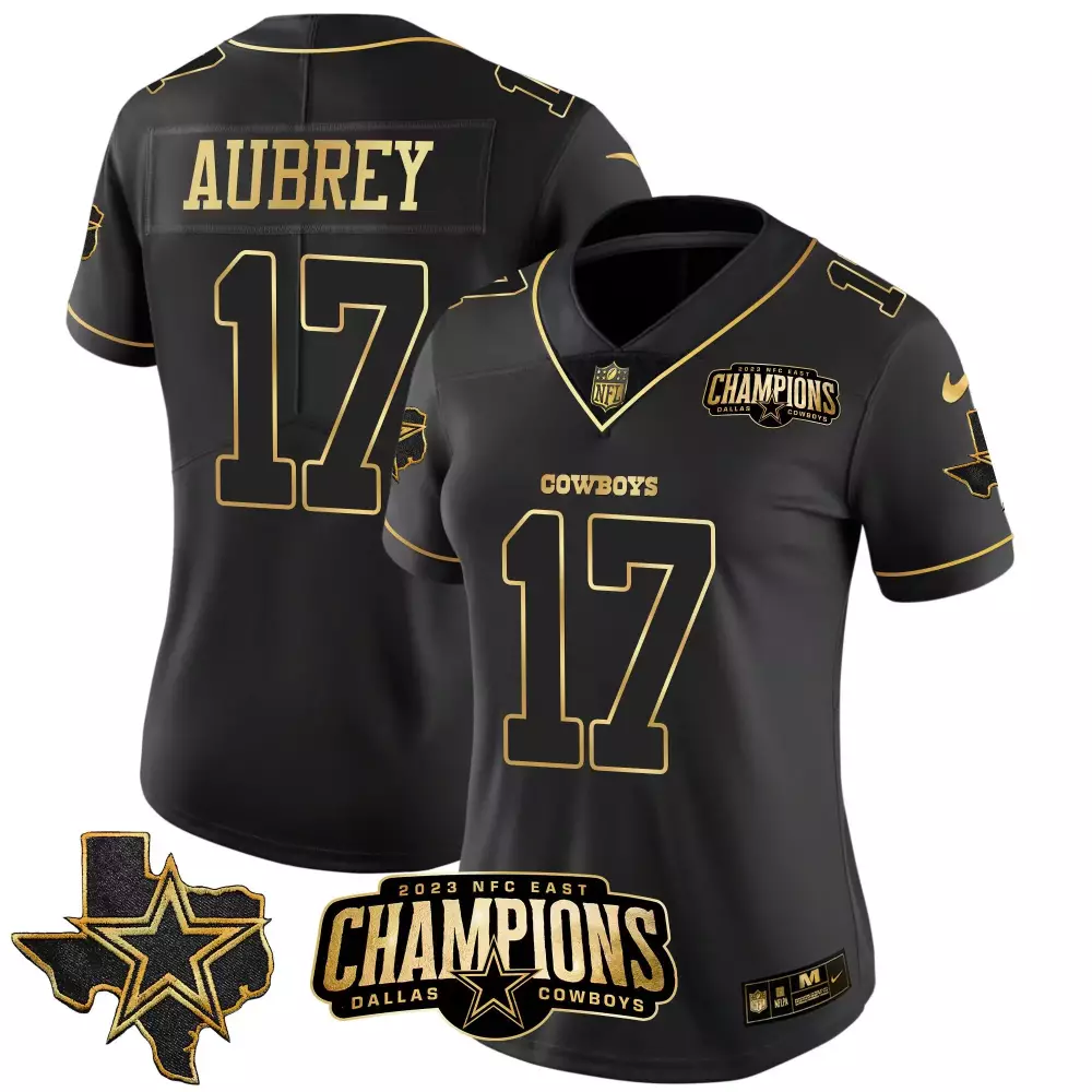 Brandon Aubrey Women's 2023 NFC East Champions Black Gold Vapor Jersey | All Stitched | For Men, Women & Youth