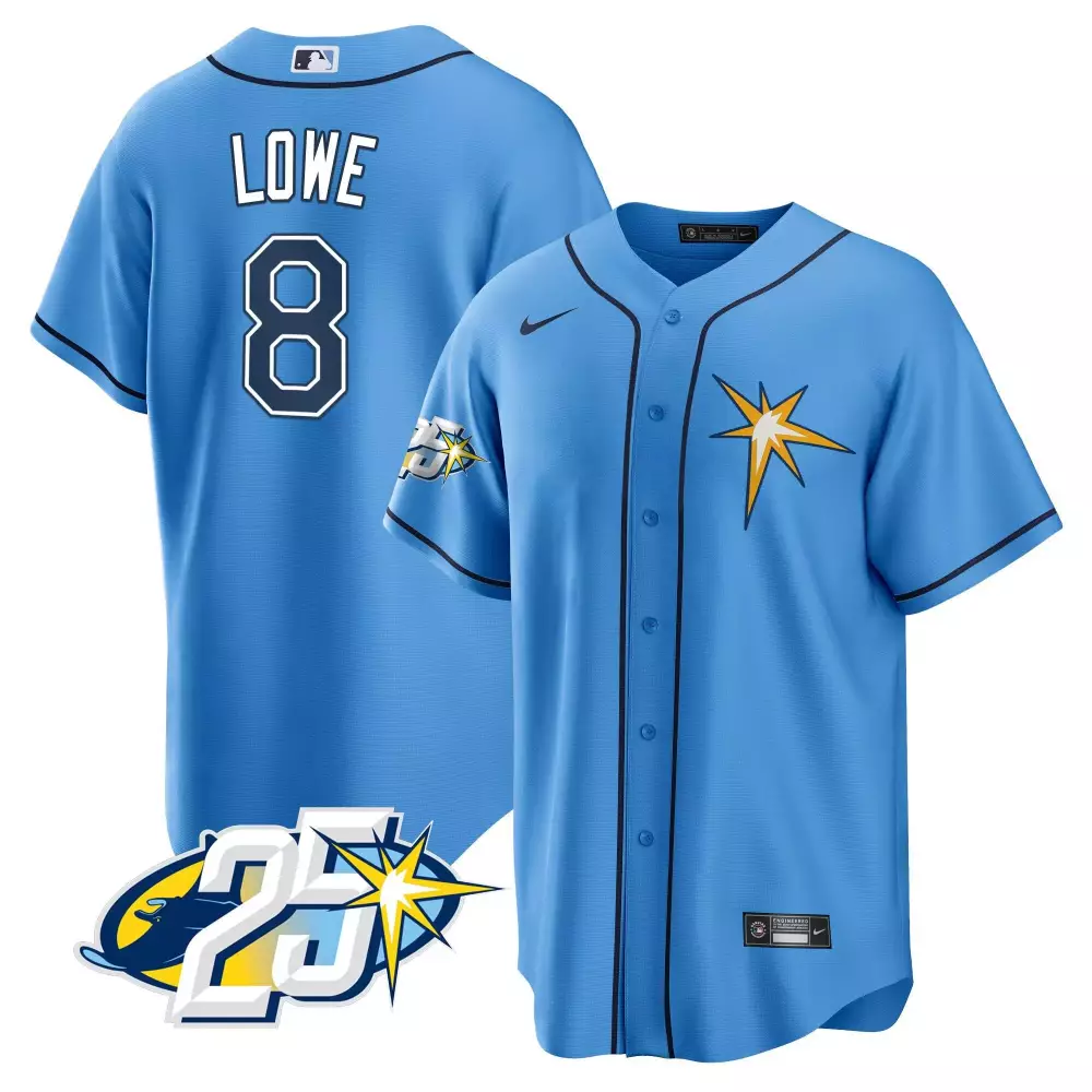 brandon lowe light blue mens tampa bay rays 25th anniversary patch cool base jersey all stitched