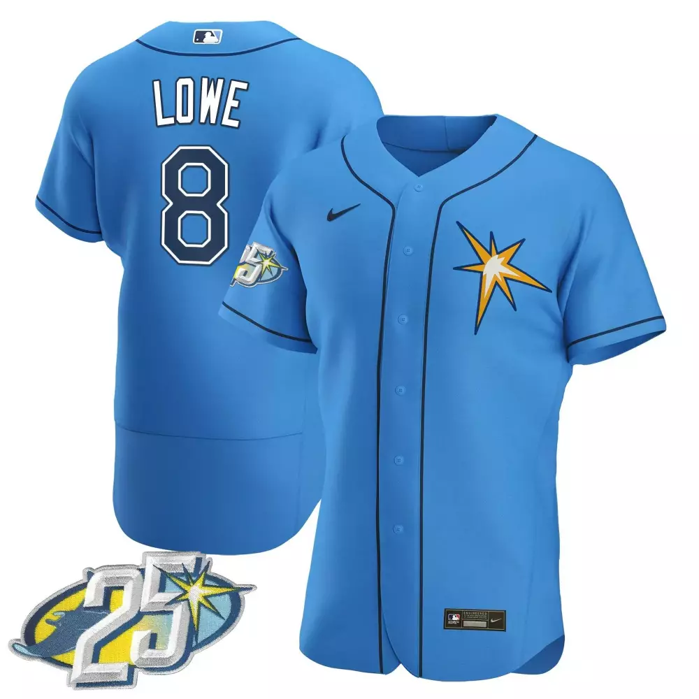 brandon lowe light blue mens tampa bay rays 25th anniversary patch cool base jersey all stitched