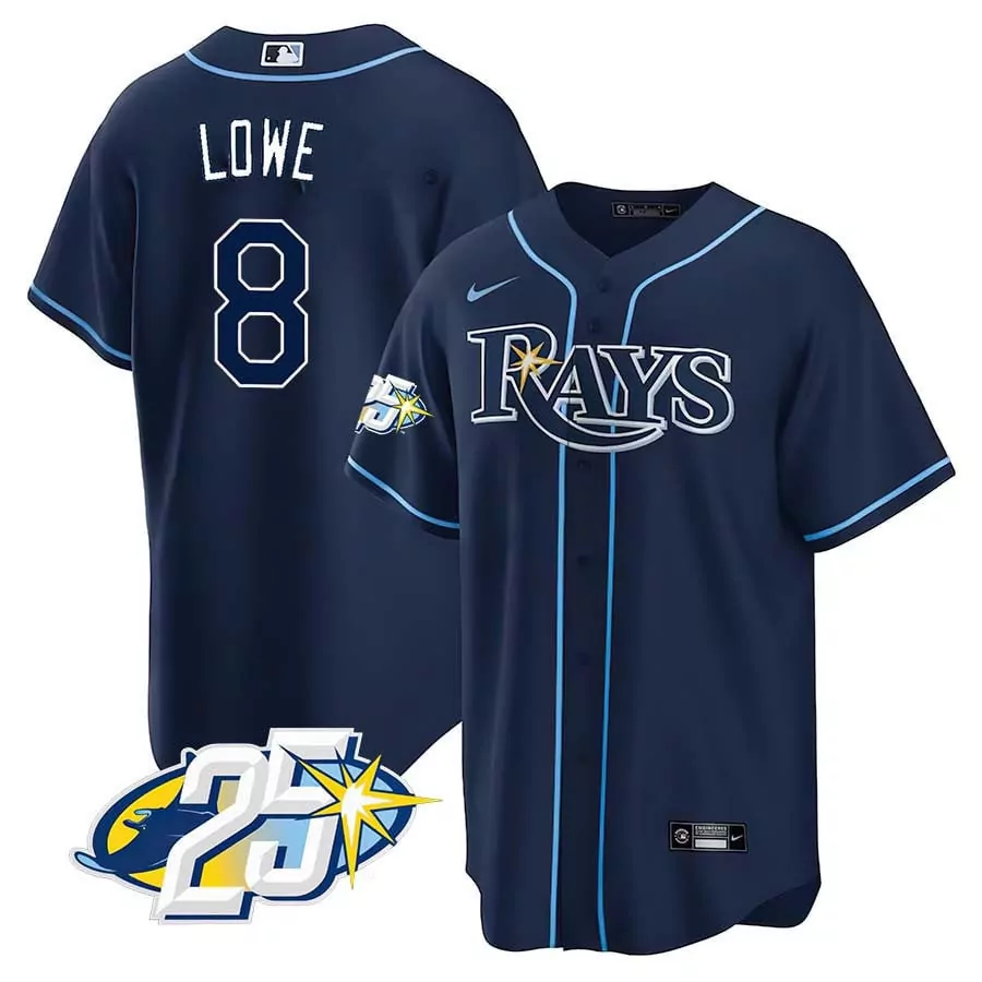 brandon lowe light blue mens tampa bay rays 25th anniversary patch cool base jersey all stitched