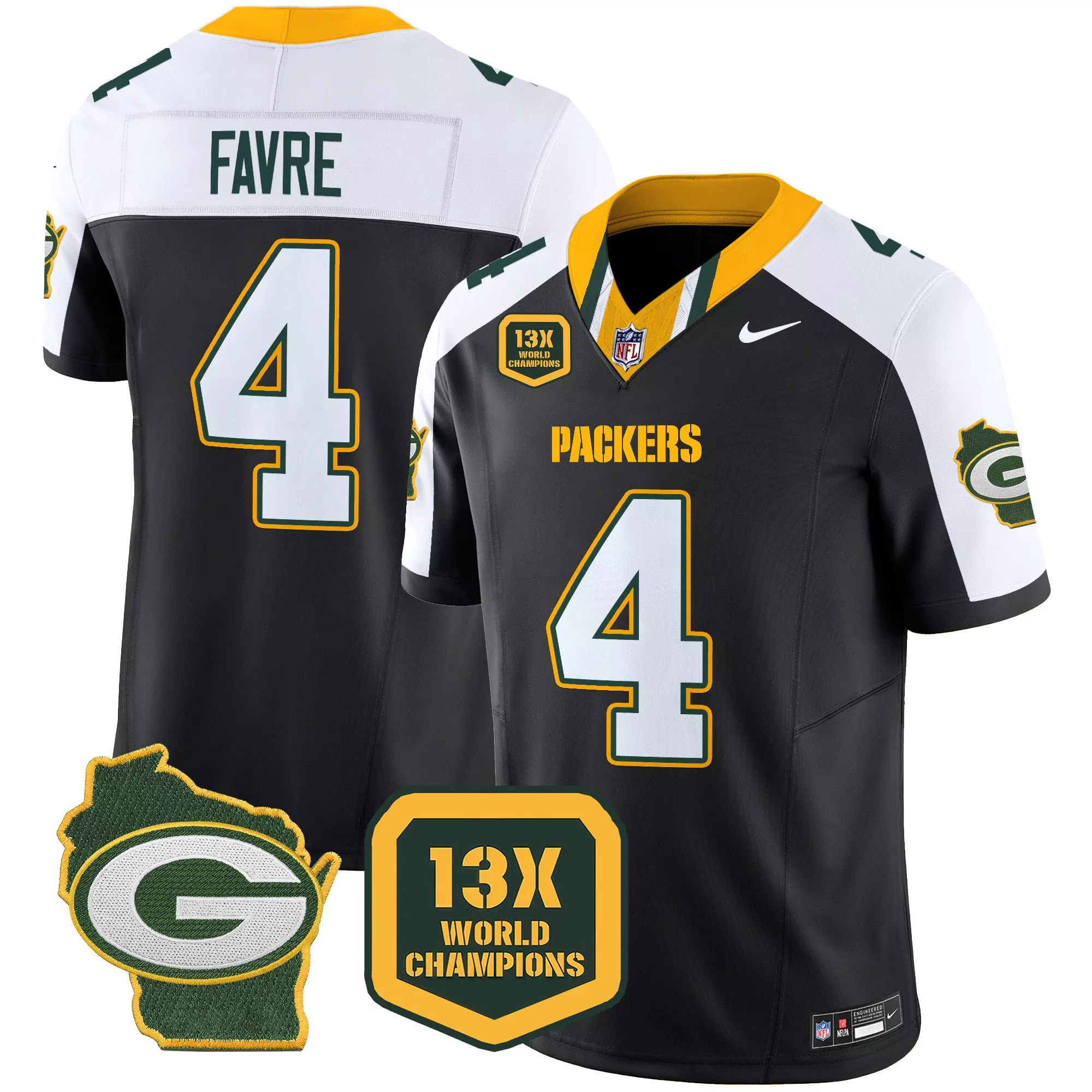 brett favre black alternate mens green bay packers 13 time world champions home patch vapor jersey v2 all stitched