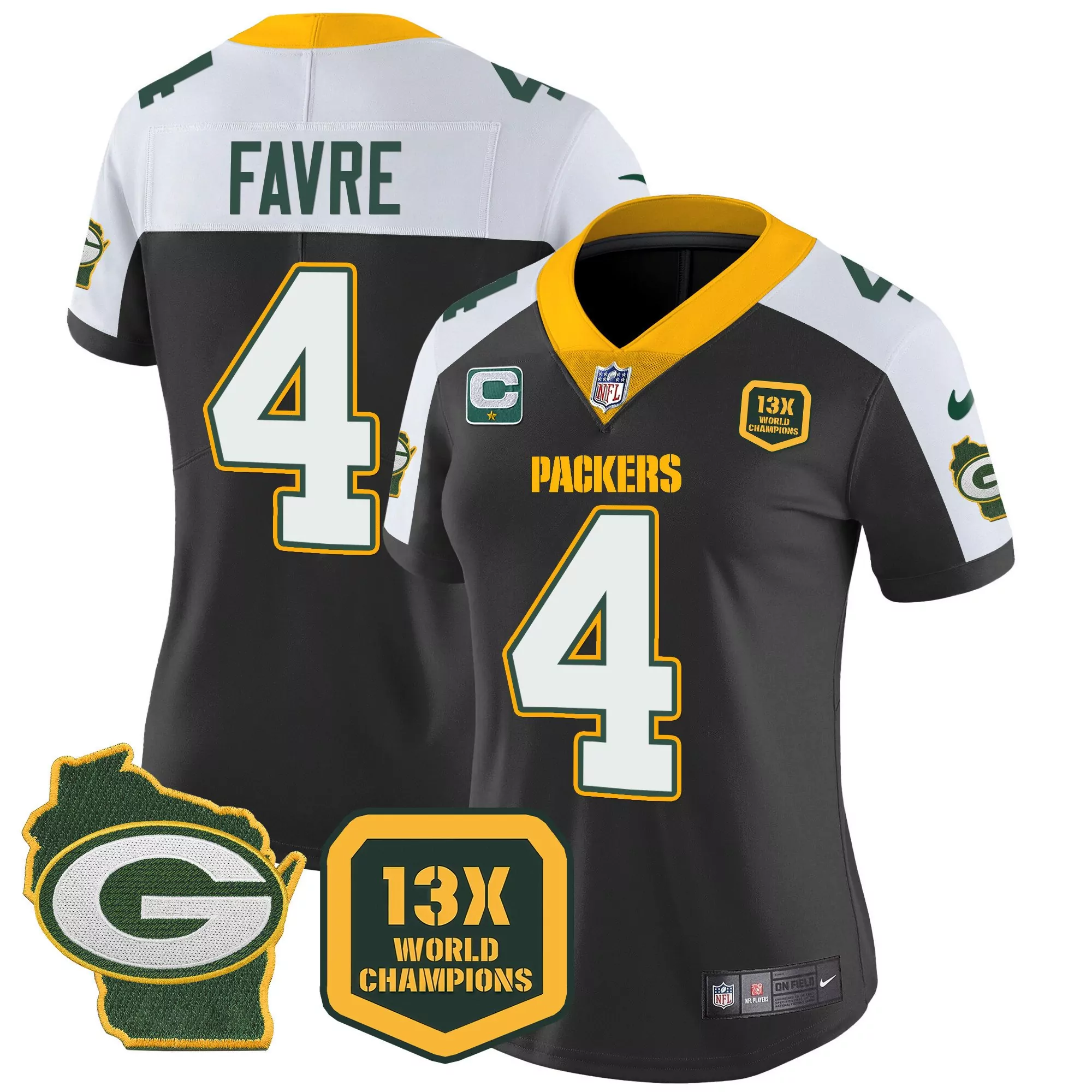 brett favre black alternate womens green bay packers 13 time world champions home patch vapor jersey all stitched
