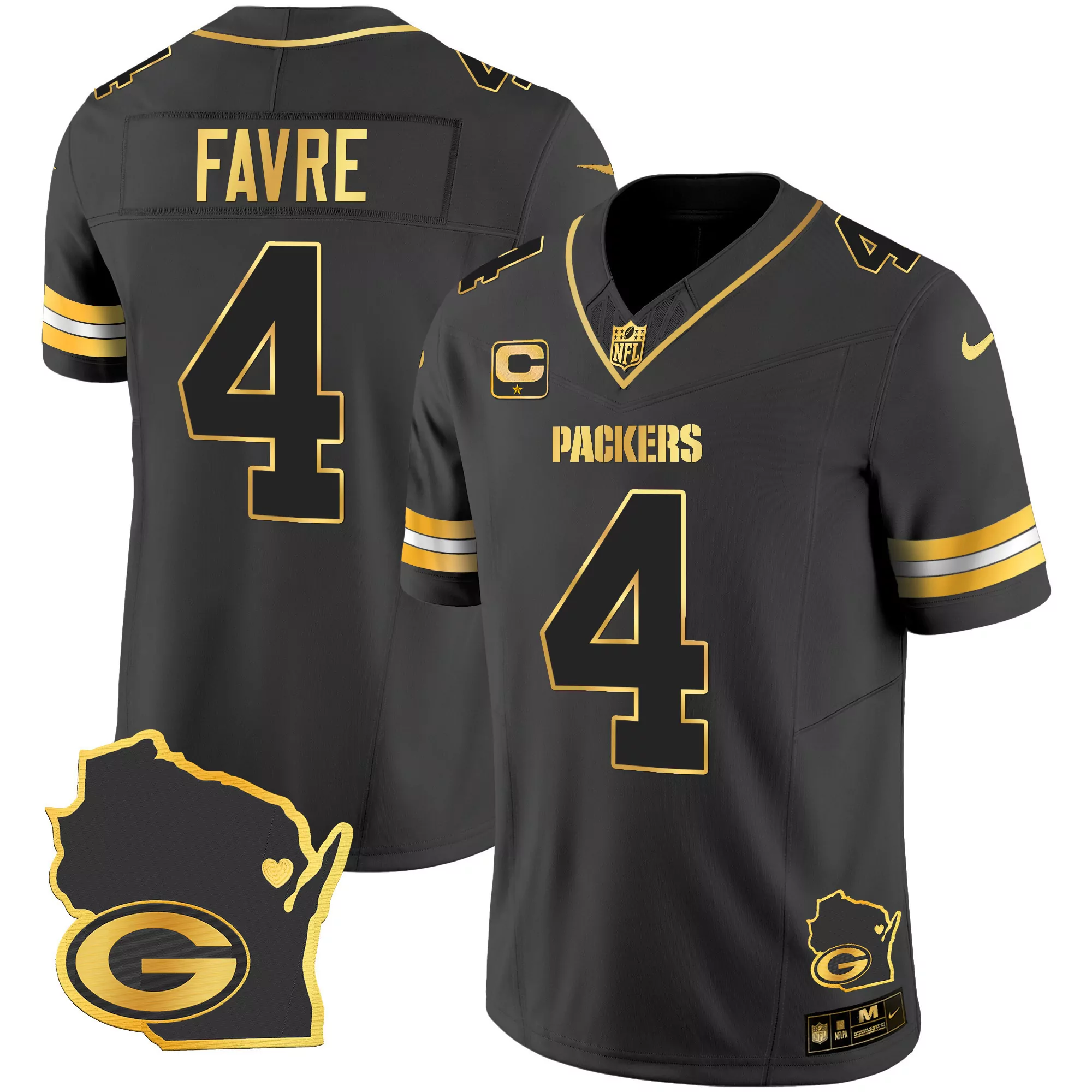 brett favre black gold mens green bay packers home patch gold vapor jersey v2 all stitched