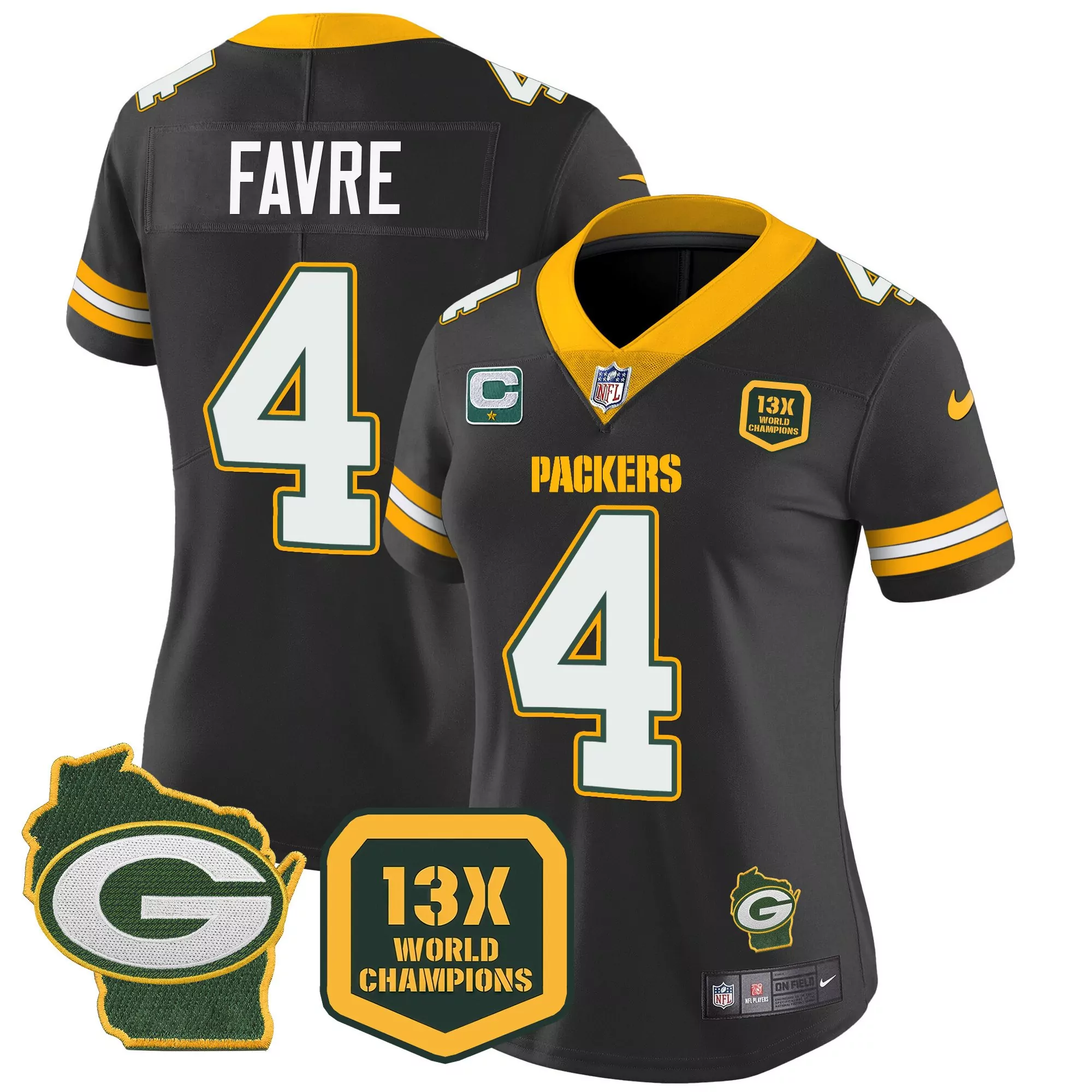 brett favre black womens green bay packers 13 time world champions home patch vapor jersey all stitched