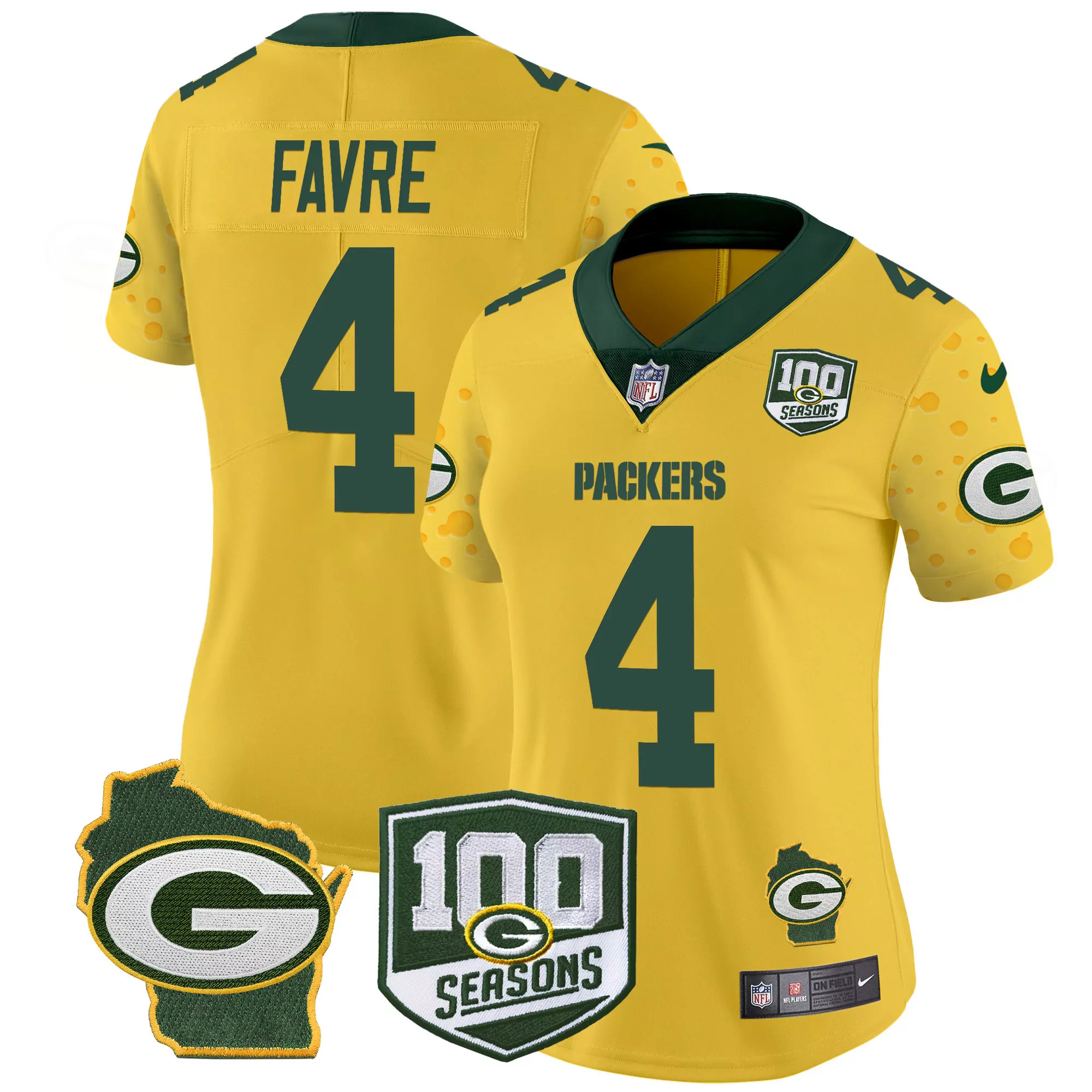 brett favre gold womens green bay packers 100th season home patch cheese vapor limited jersey all stitched