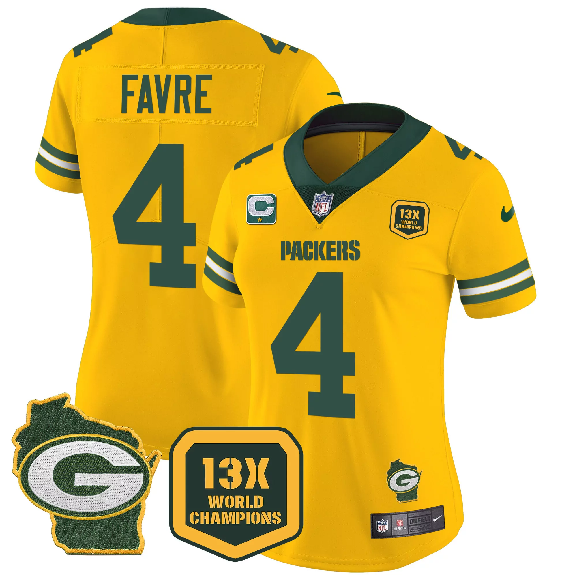 brett favre gold womens green bay packers 100th season home patch cheese vapor limited jersey all stitched