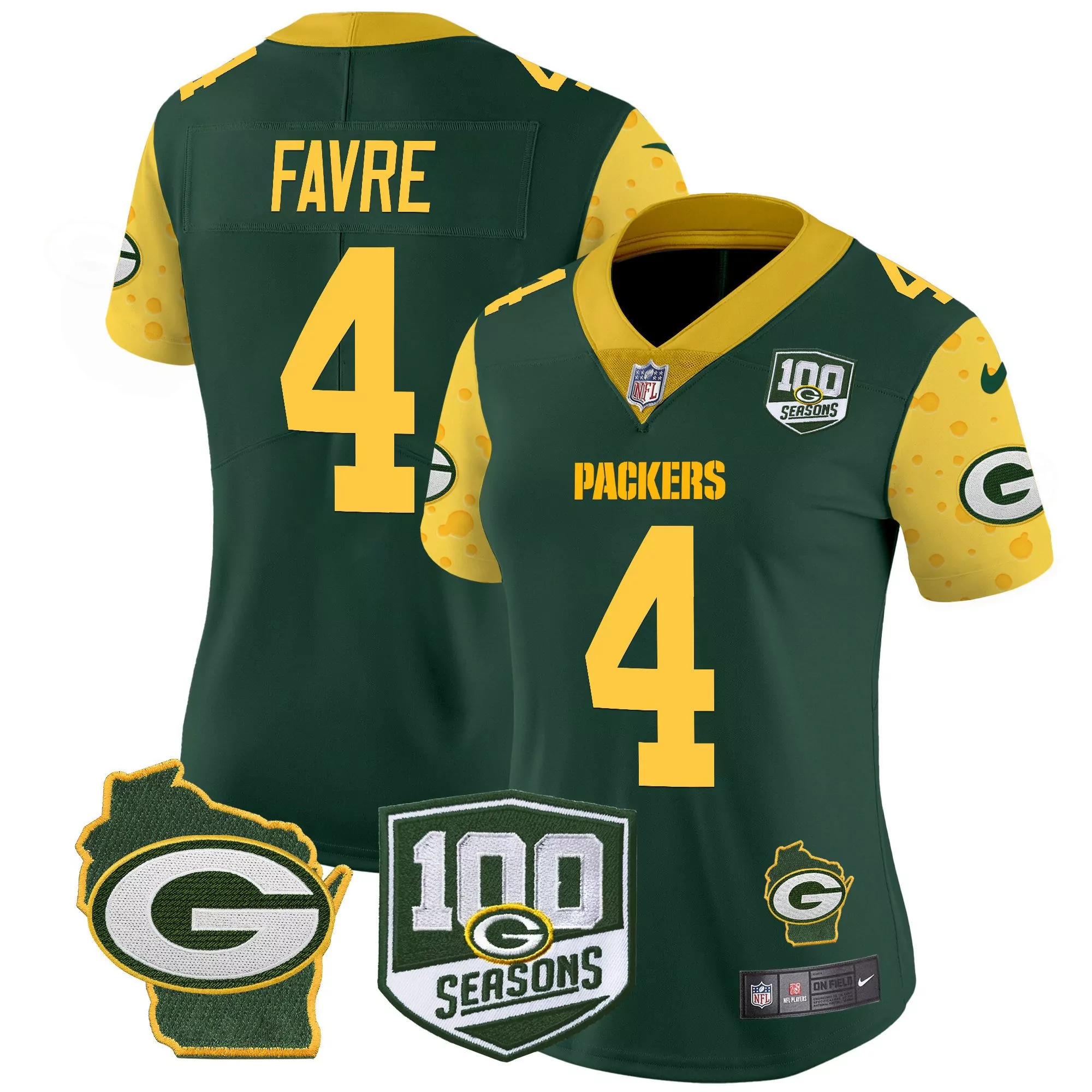 brett favre green womens green bay packers 100th season home patch cheese vapor limited jersey all stitched