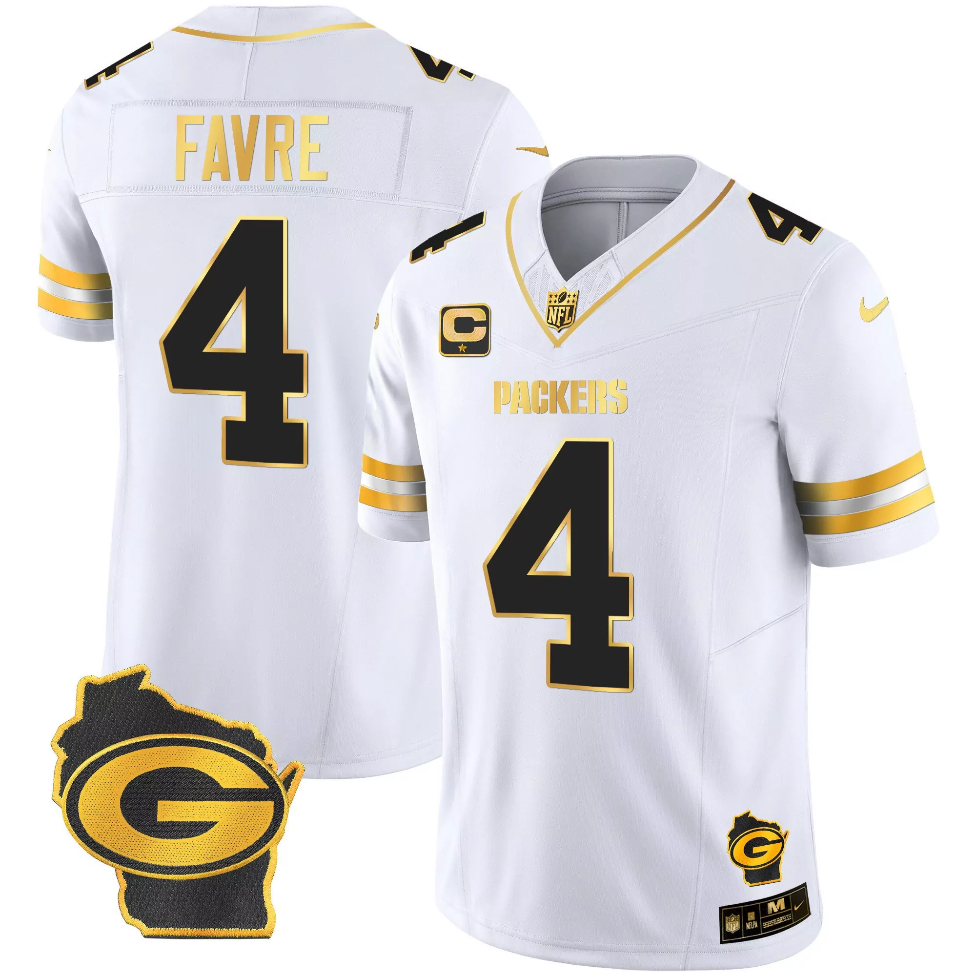 brett favre white gold mens green bay packers home patch gold vapor jersey all stitched