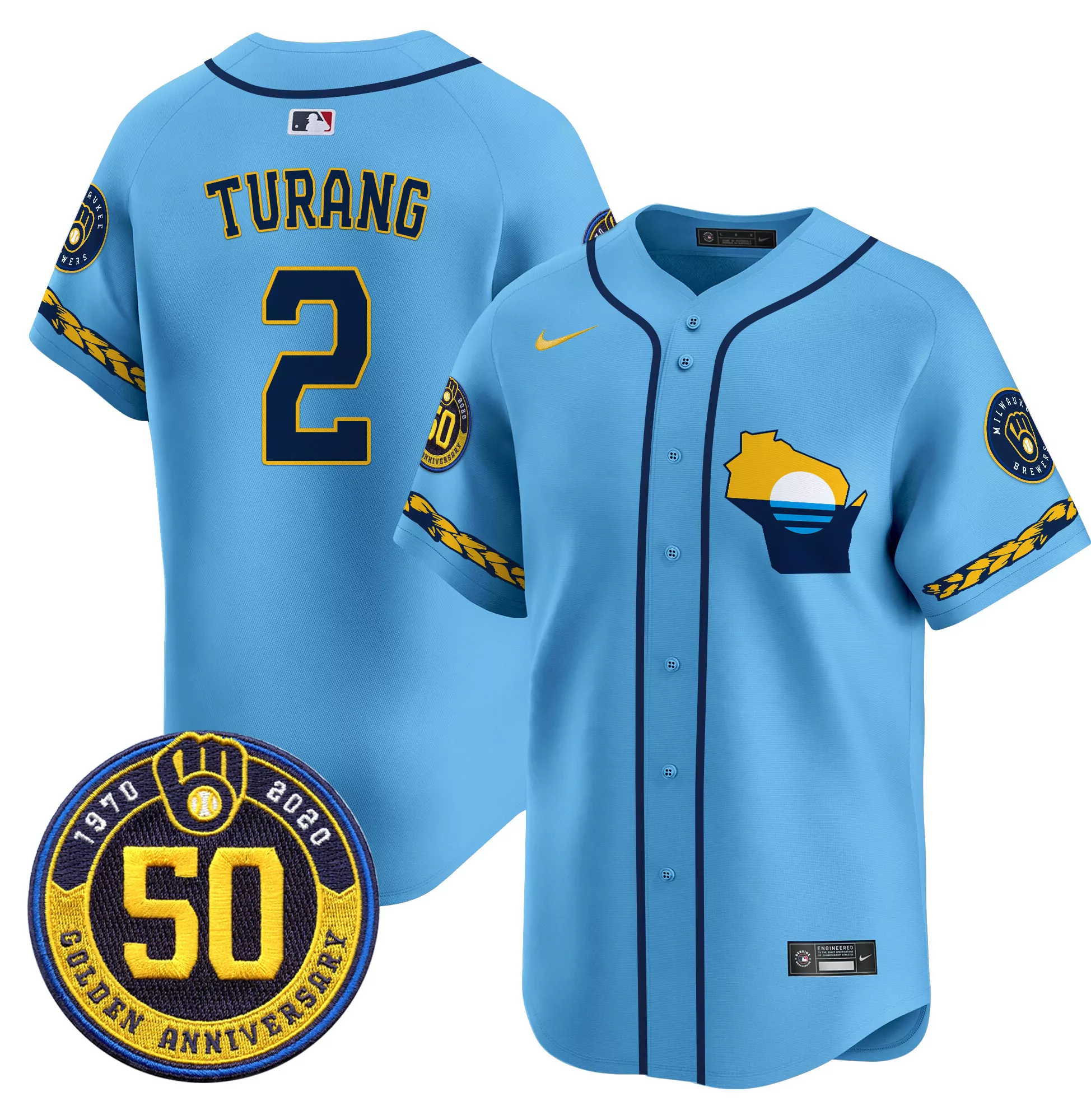 brice turang blue mens milwaukee brewers golden 50th anniversary patch vapor premier limited jersey all stitched