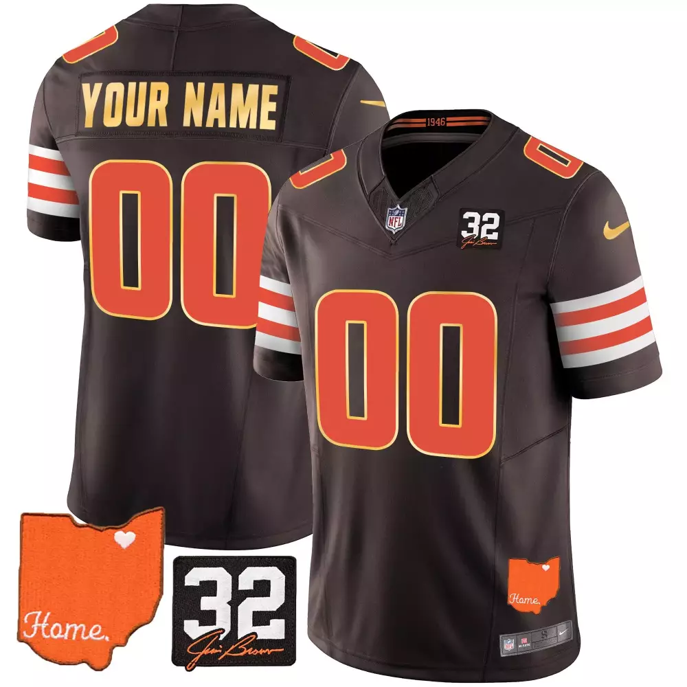 brown men mens cleveland browns 32 jim brown memorial home patch gold trim custom jersey all stitched