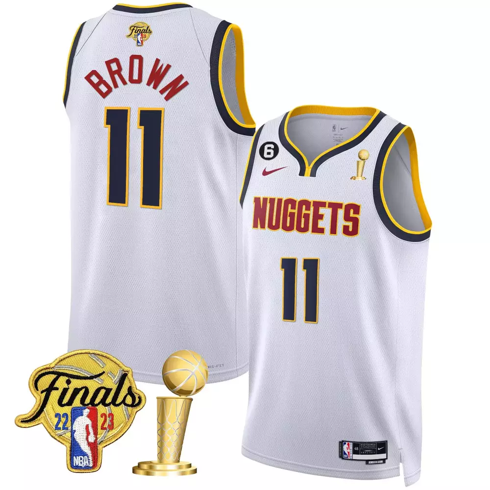 bruce brown association youths denver nuggets 2023 finals champions patch gold jersey all stitched