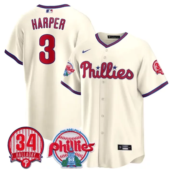 Bryce Harper Cream Phillies Jersey | Roy Halladay Patch 34 Cool Base | Limited Edition for Men, Women & Youth
