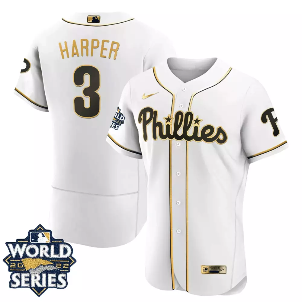 bryce harper flex white youths philadelphia phillies gold 2022 world series jersey limited all stitched