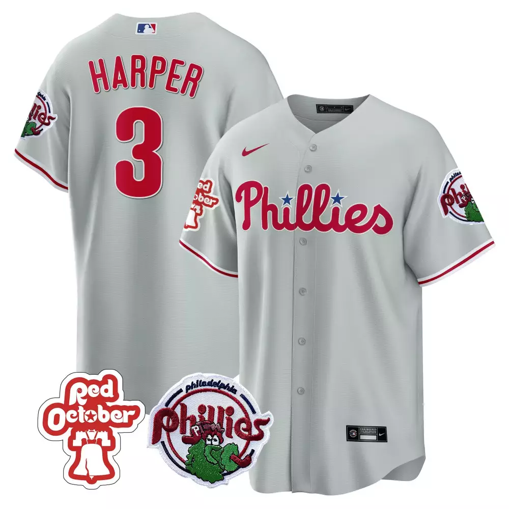 bryce harper gray mens philadelphia phillies red october patch cool base jersey all stitched