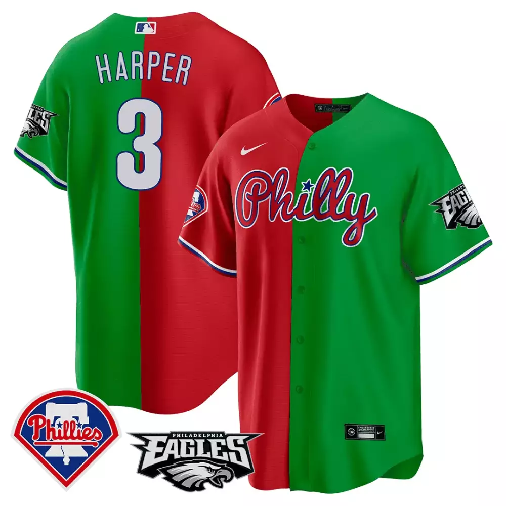 bryce harper red green mens split phillies philadelphia eagles cool base jersey all stitched