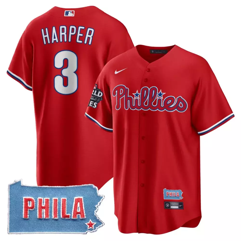 Bryce Harper Phillies Phila PA State Patch Jersey | Red | Limited Edition Fan Gear | For Men, Women & Youth