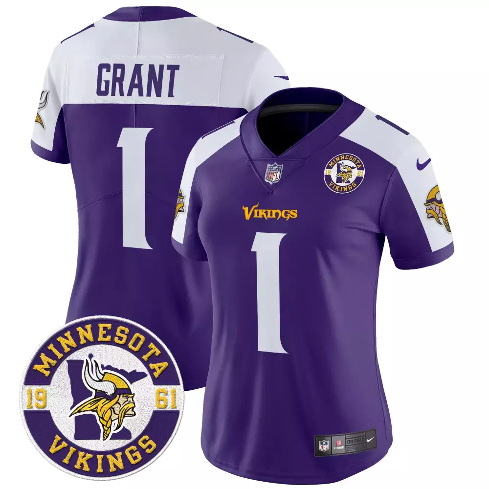 bud grant purple alternate womens minnesota vikings 2024 vapor limited jersey est 1961 patch all stitched