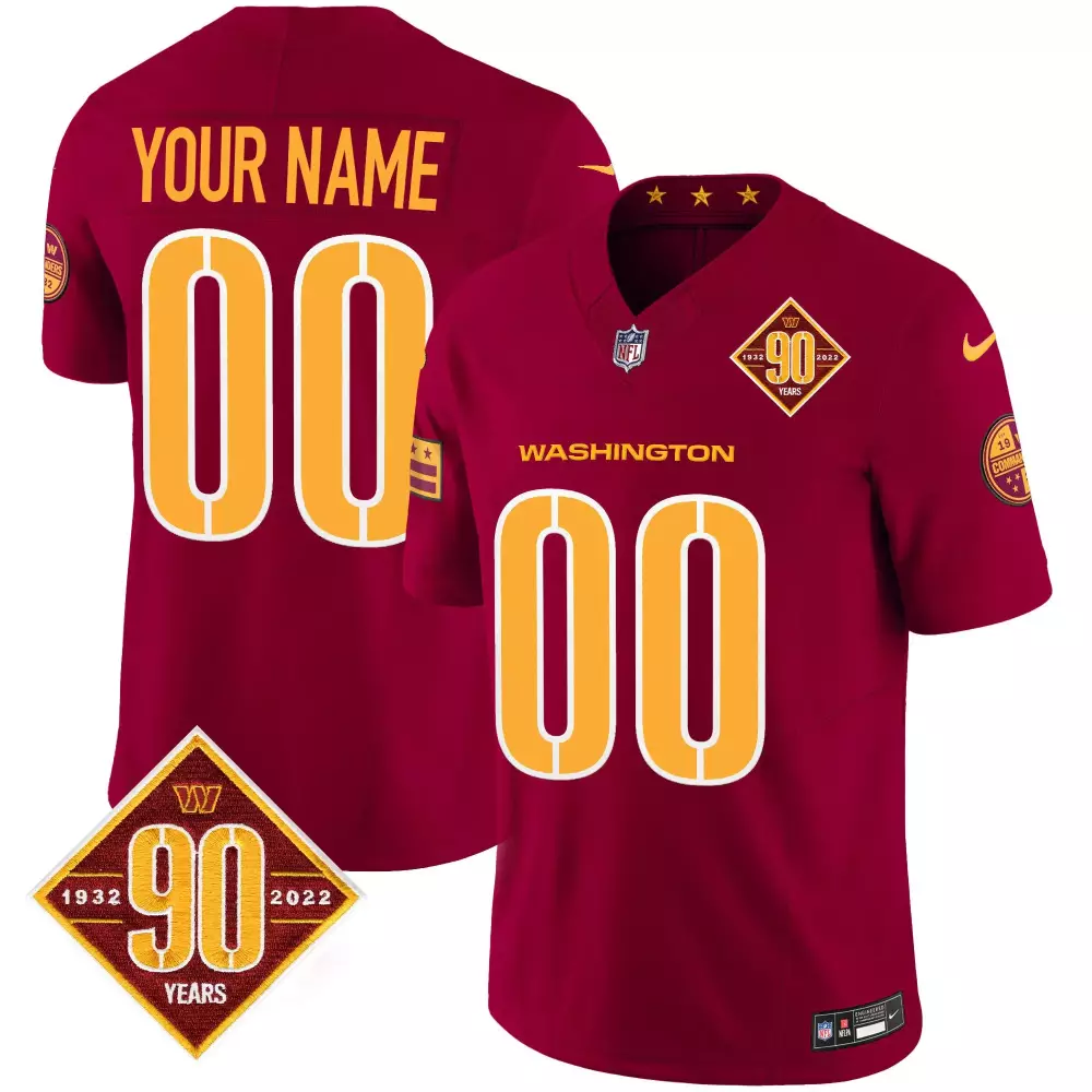 90th Anniversary Patch Vapor Custom Jersey V3 for Youth | Burgundy Washington Commanders Stitched Fan Gear | For Men, Women & Youth