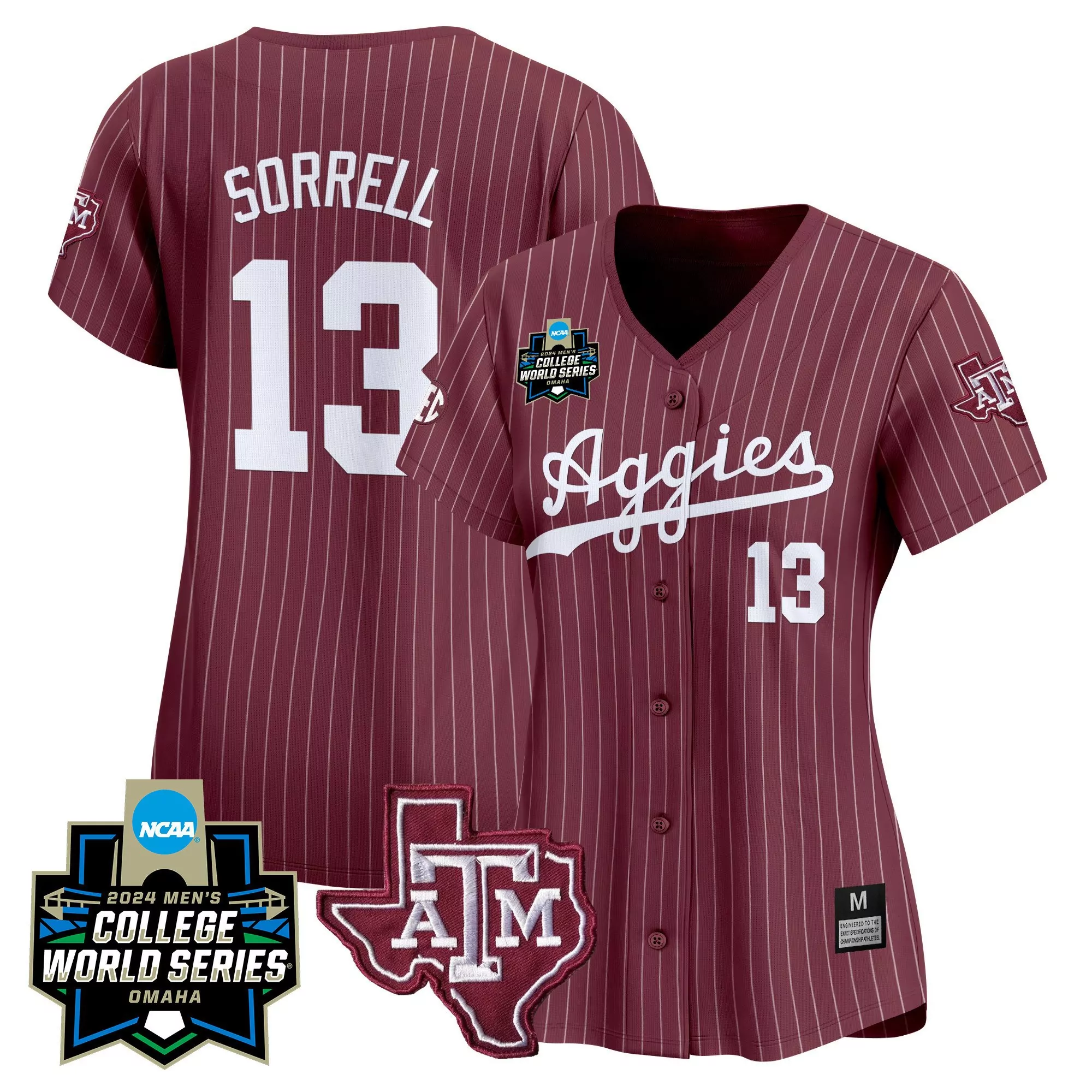 caden sorrell maroon pinstripe womens texas am aggies 2024 college world series vapor premier limited jersey all stitche