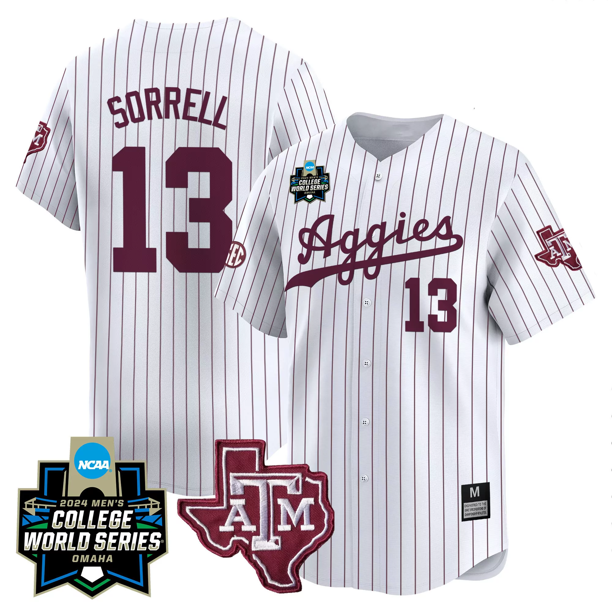caden sorrell white pinstripe mens texas am aggies 2024 college world series vapor premier limited jersey all stitched