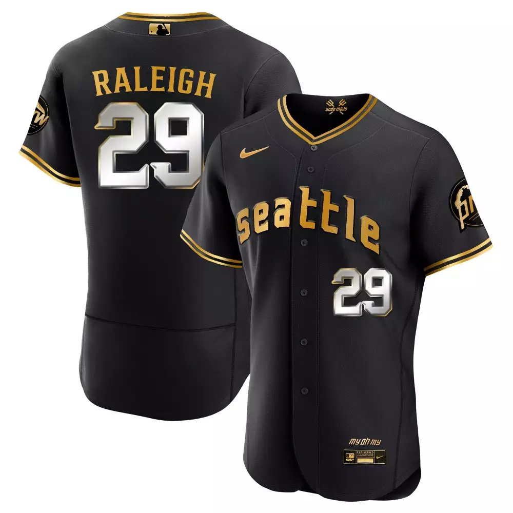 cal raleigh flex black gold mens seattle mariners 2023 city connect gold fan made jersey all stitched