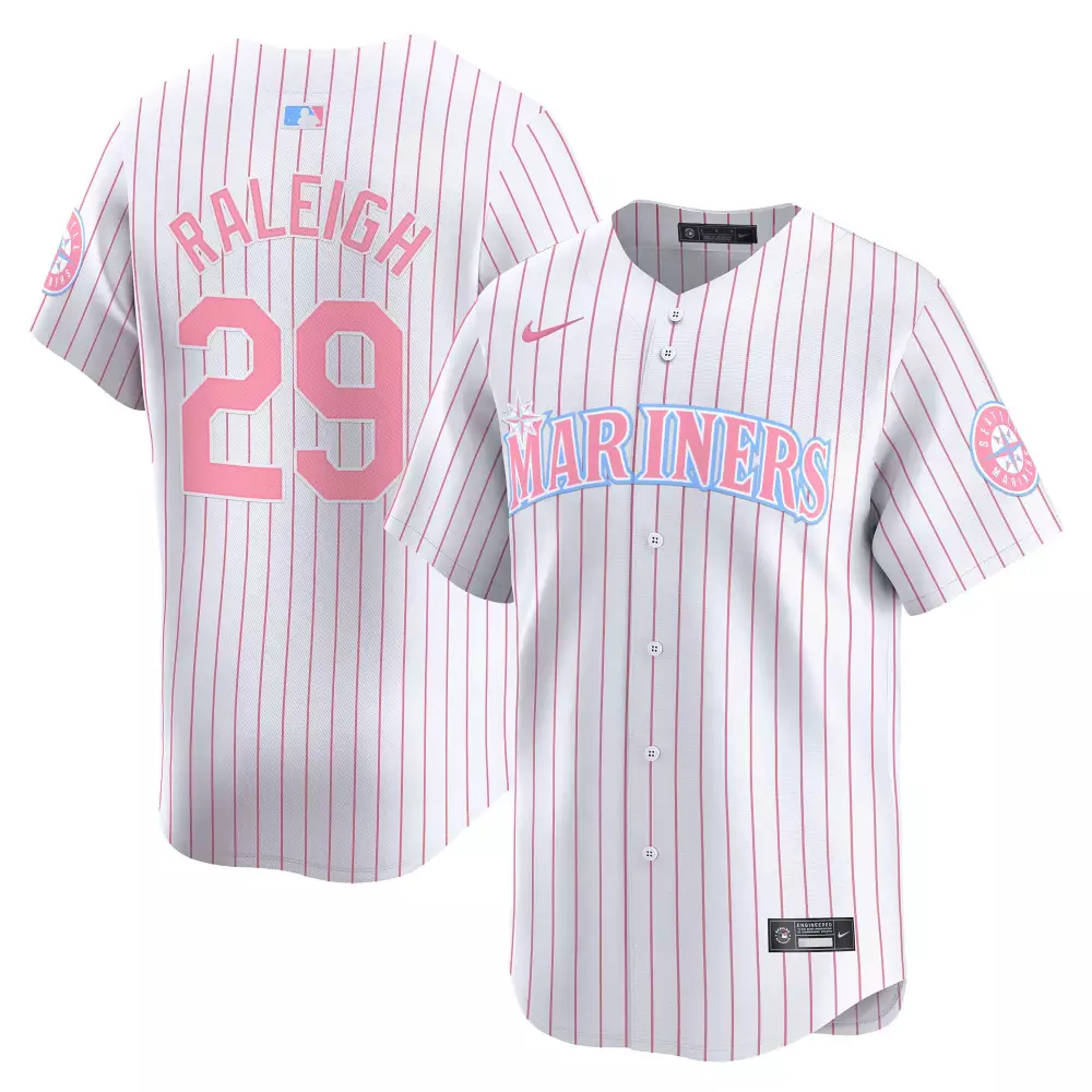 cal raleigh pinstripe unisex seattle mariners bubblegum pink vapor premier limited jersey all stitched