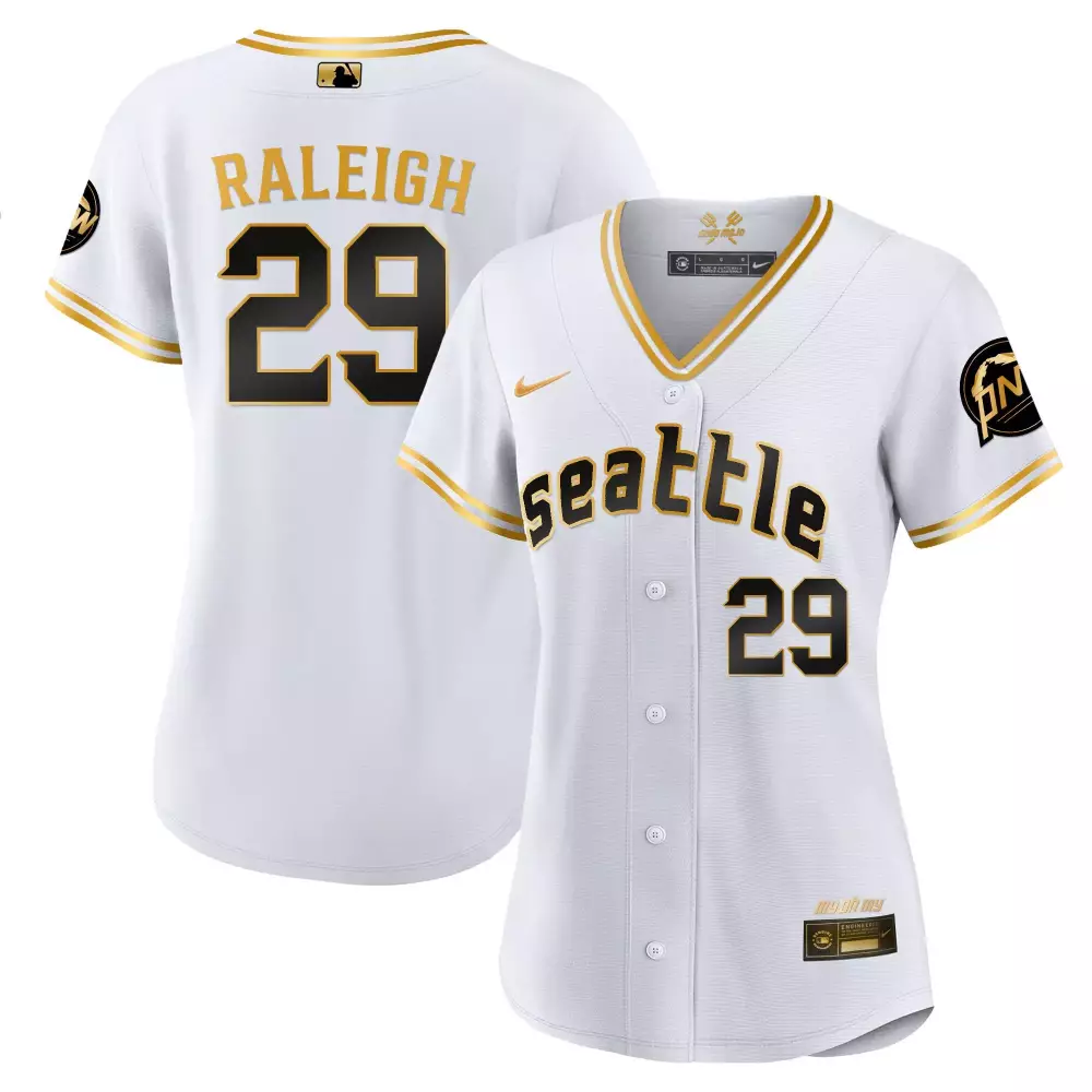 cal raleigh white gold womens seattle mariners 2023 city connect gold fan made jersey all stitched