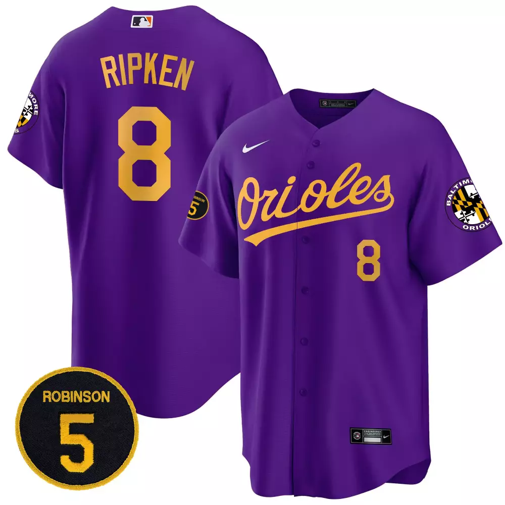 cal ripken purple gold mens baltimore orioles robinson patch cool base jersey all stitched