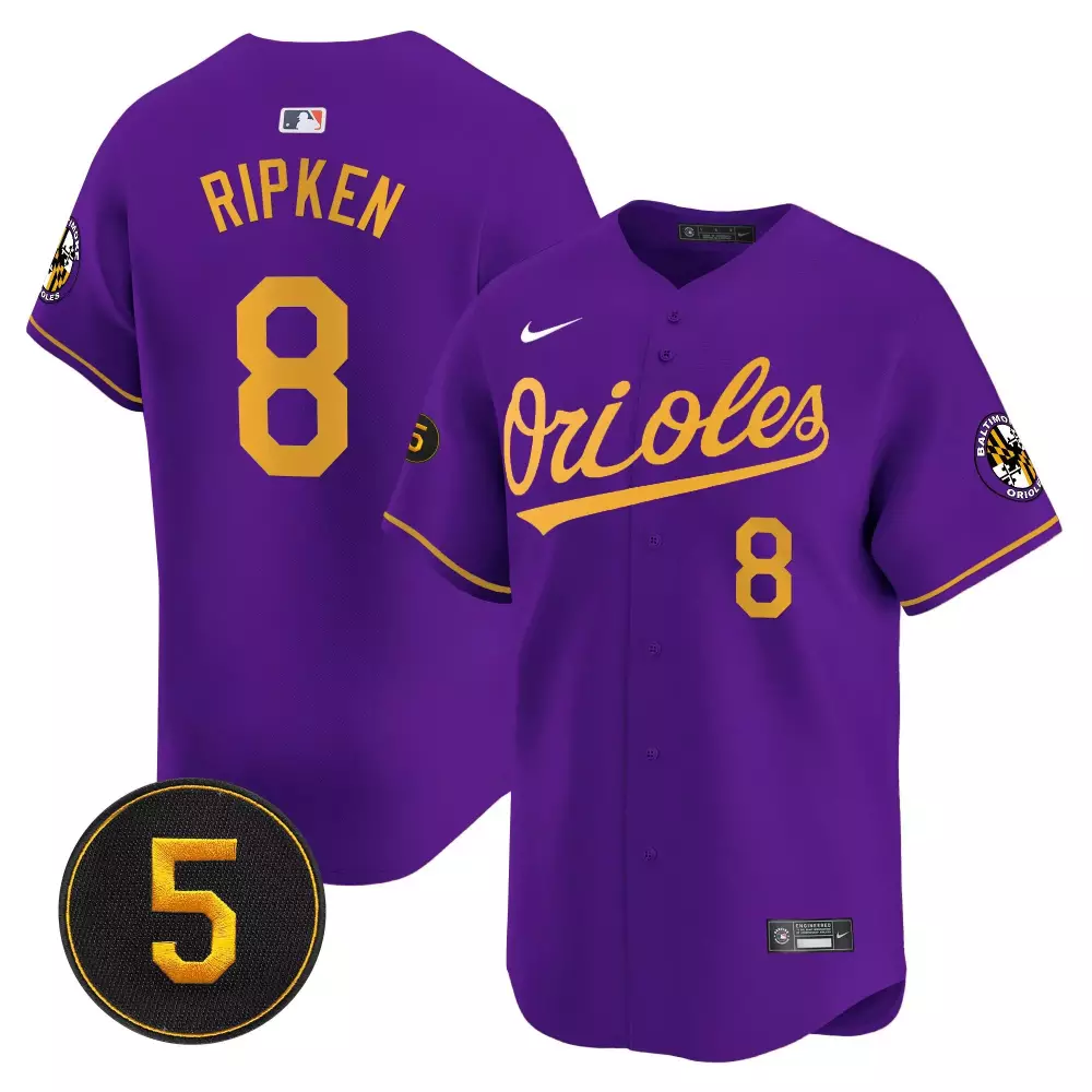 cal ripken purple gold mens baltimore orioles robinson patch cool base jersey all stitched