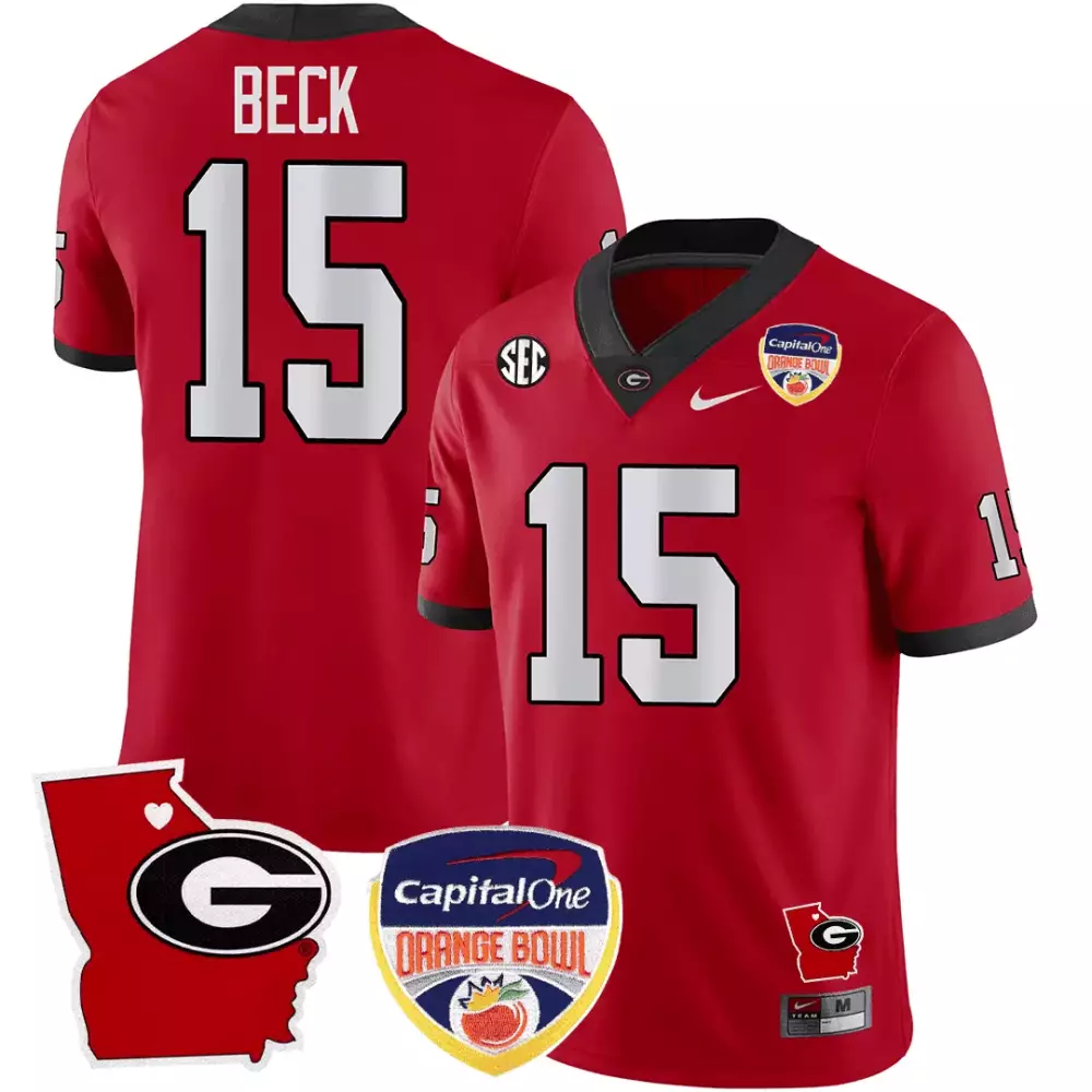 Carson Beck Georgia Bulldogs Black Jersey with Orange Bowl Patch | Stitched Georgia State Map Design | Fan Gear for Men, Women & Youth