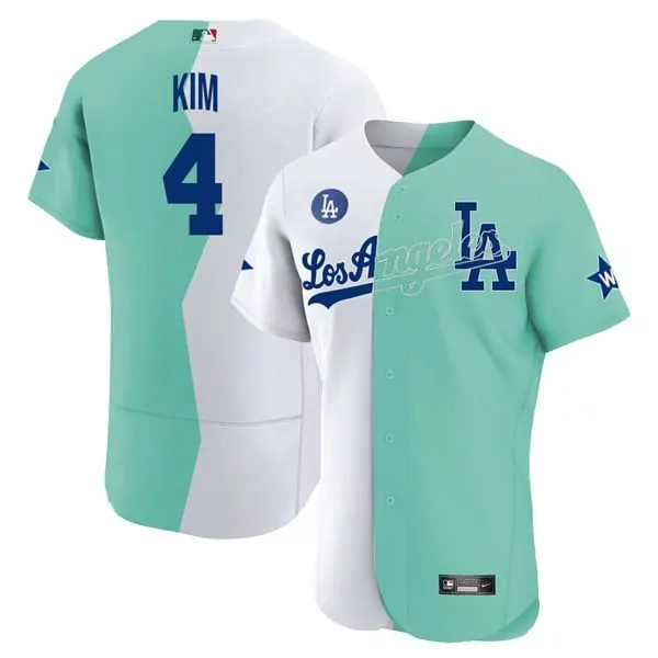 chloe kim men los angeles dodgers flex base white green 2022 mlb allstar celebrity softball game split jersey all stitch