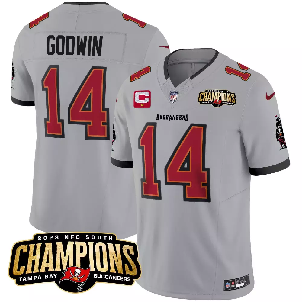 chris godwin gray mens tampa bay buccaneers 2023 nfc south champions patch vapor jersey all stitched