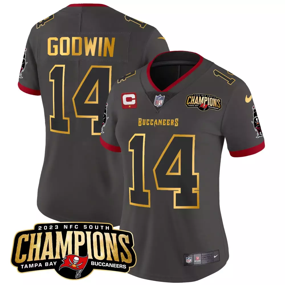 chris godwin pewter womens tampa bay buccaneers 2023 nfc south champions patch gold trim vapor jersey all stitched