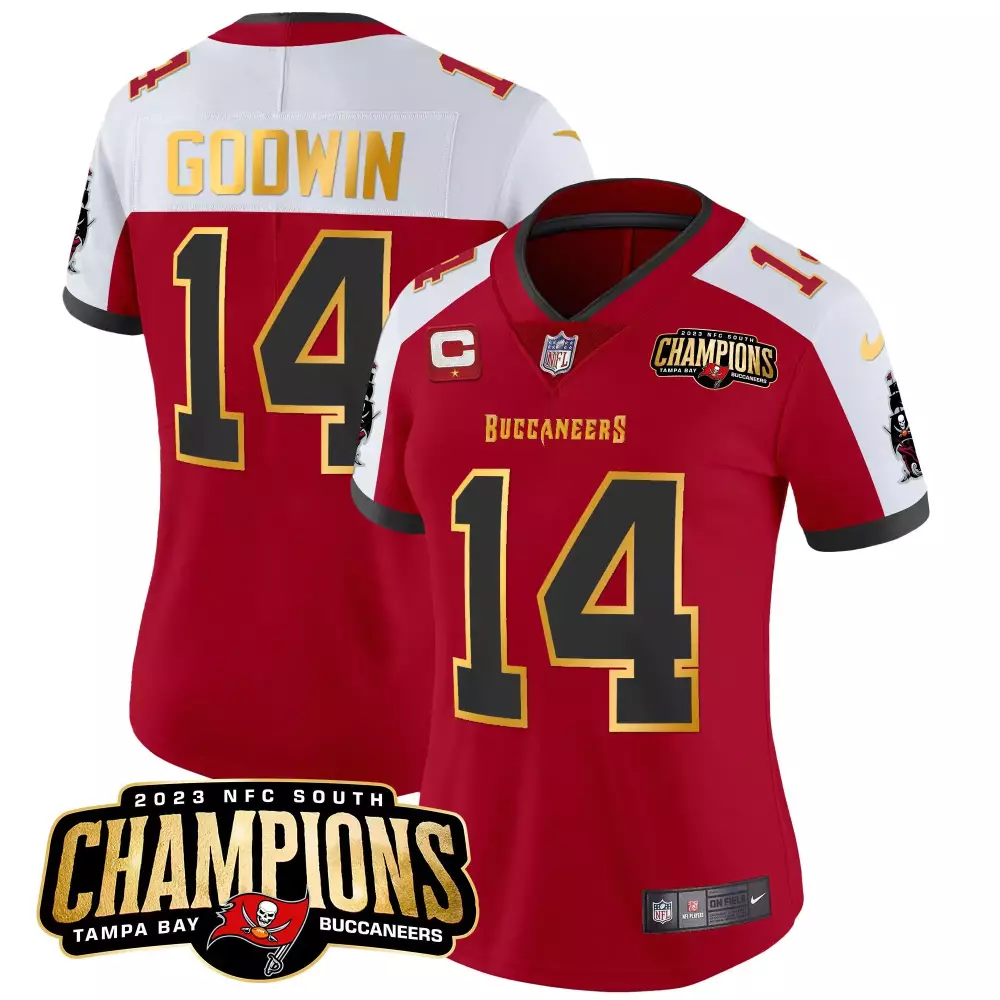 chris godwin red alternate womens tampa bay buccaneers 2023 nfc south champions patch gold trim vapor jersey all stitche