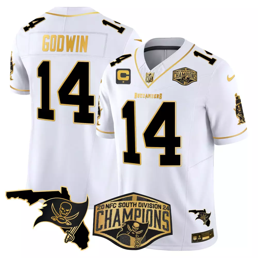 chris godwin white gold mens tampa bay buccaneers 2024 nfc south division champions patch gold vapor limited jersey all