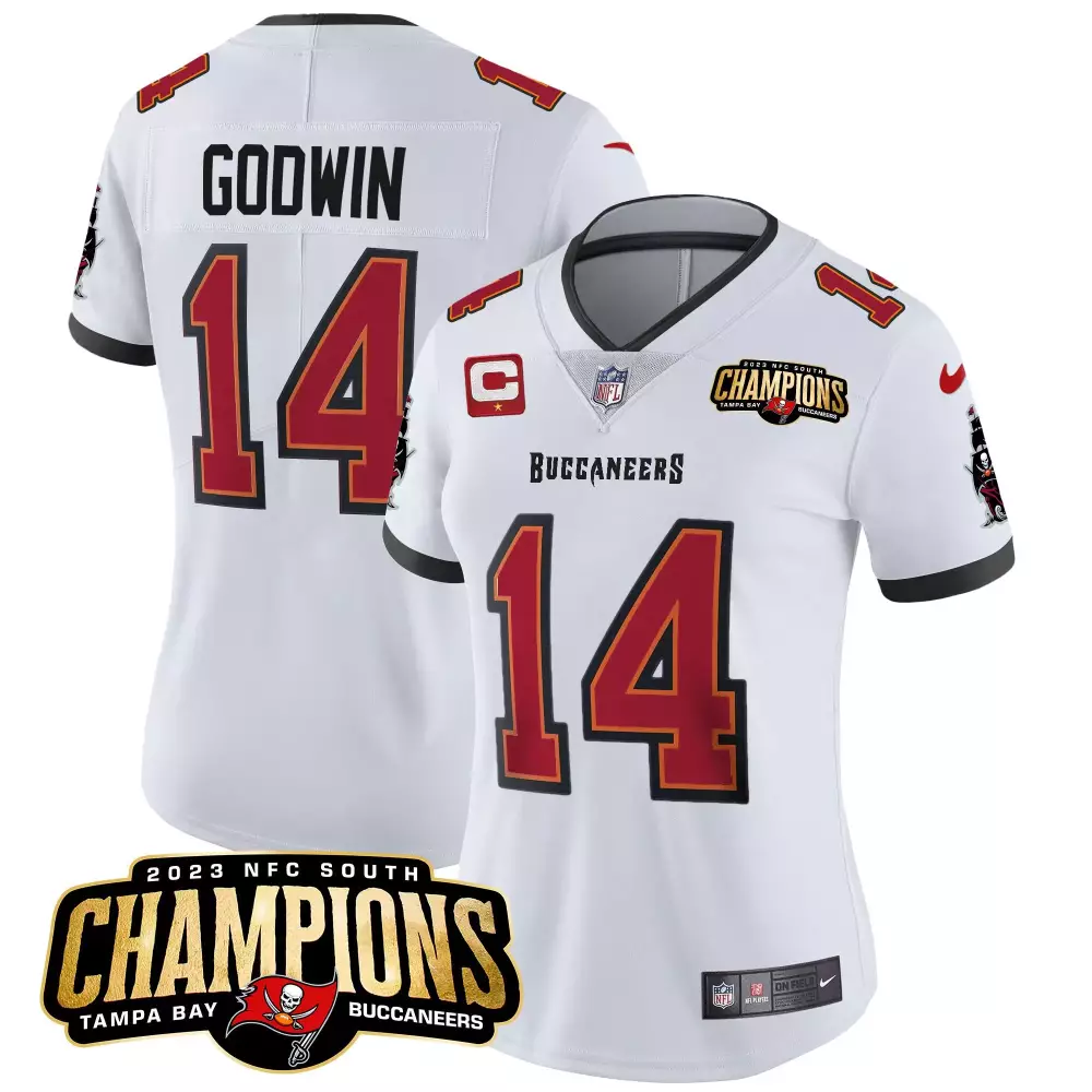 chris godwin white womens tampa bay buccaneers 2023 nfc south champions patch vapor jersey all stitched